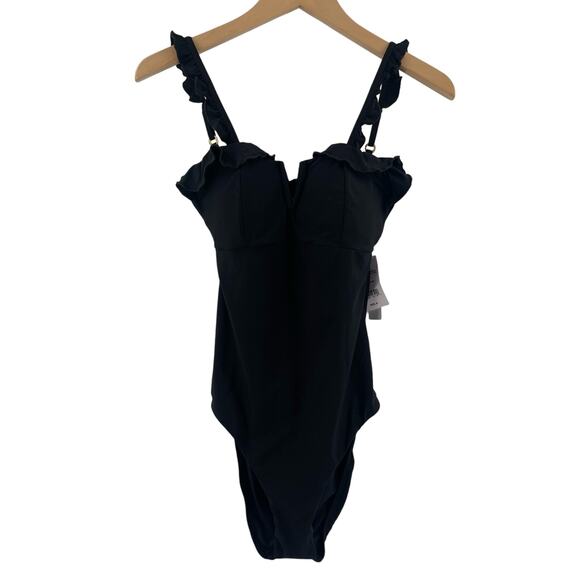 SOLIDO SWIMWEAR Swimsuit Size Small One Piece Black NWT Ruffle Tie Back Swim - Picture 3 of 15